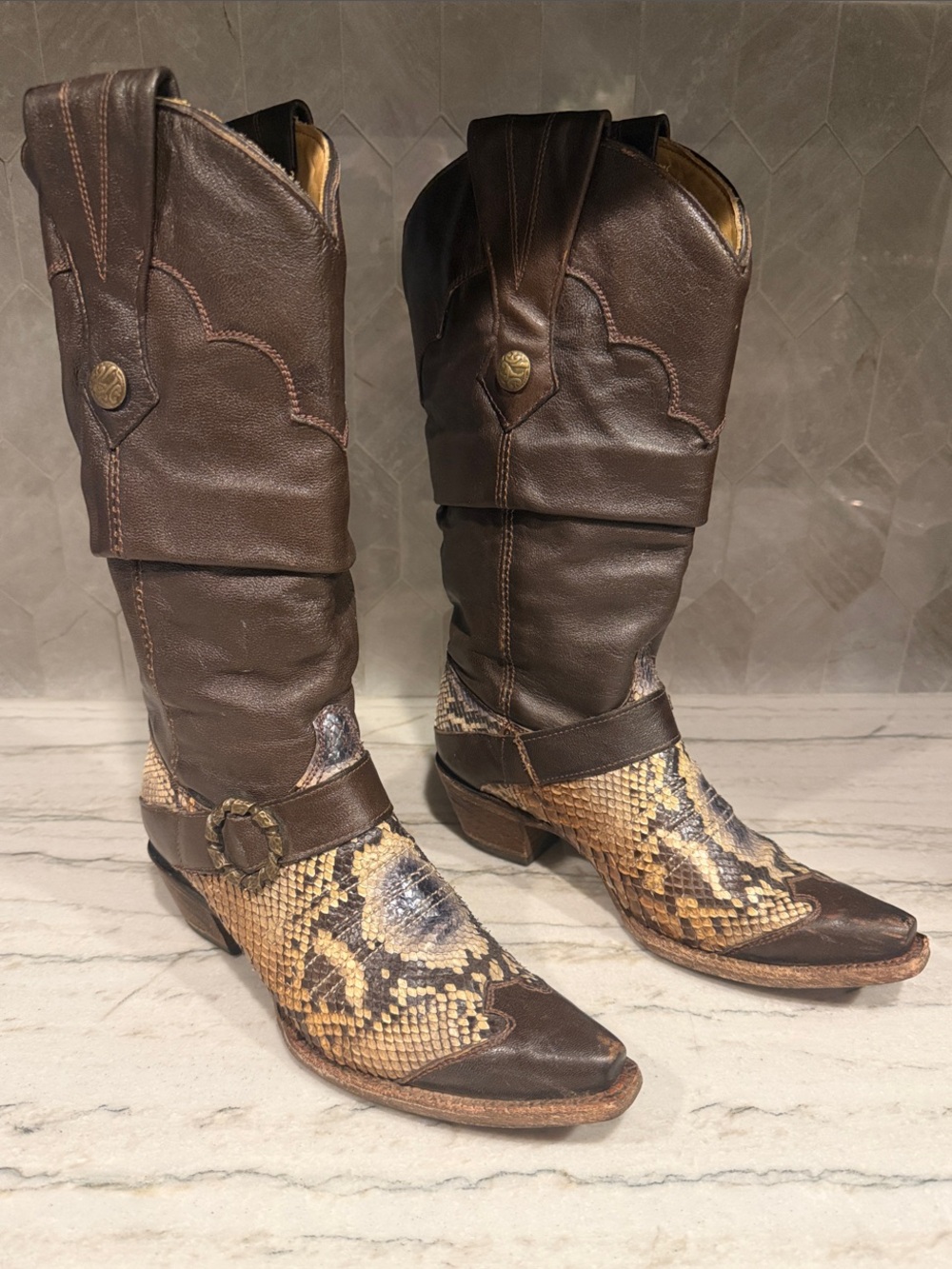 Corral Brown Leather and Snakeskin Women’s Mid-Calf Heeled Boots